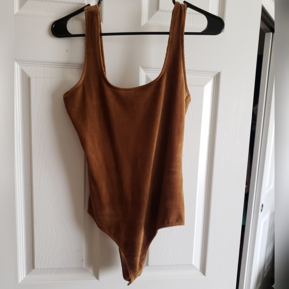 Ribbed Velour Thong Bodysuit M